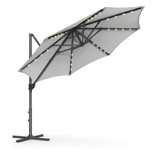 Parasol de Jardin 300 cm, 28 LED Solaires, UPF 50+, Pivotant à 360°, Inclinaison Fluide, Manivelle, avec Base en Croix, Gris Tourterelle