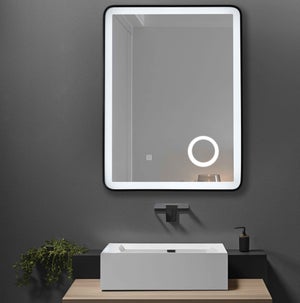 Miroir salle de bain LED 60x80cm avec cadre en aluminium noir et loupe grossissante x3