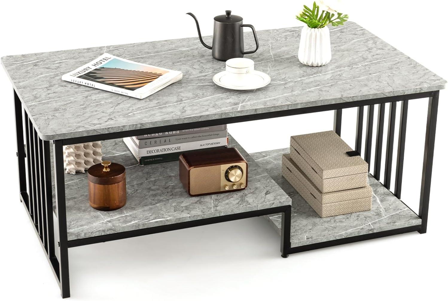 Table Basse Marbre, Table Basse Salon Rectangulaire avec 2 Étagères