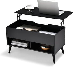Table Basse Relevable à Bar à Gaz avec Plateau Relevable, Table Basse avec 1 Compartiment Caché et 2 étagères Ouvertes, Pieds en Bois, Noir