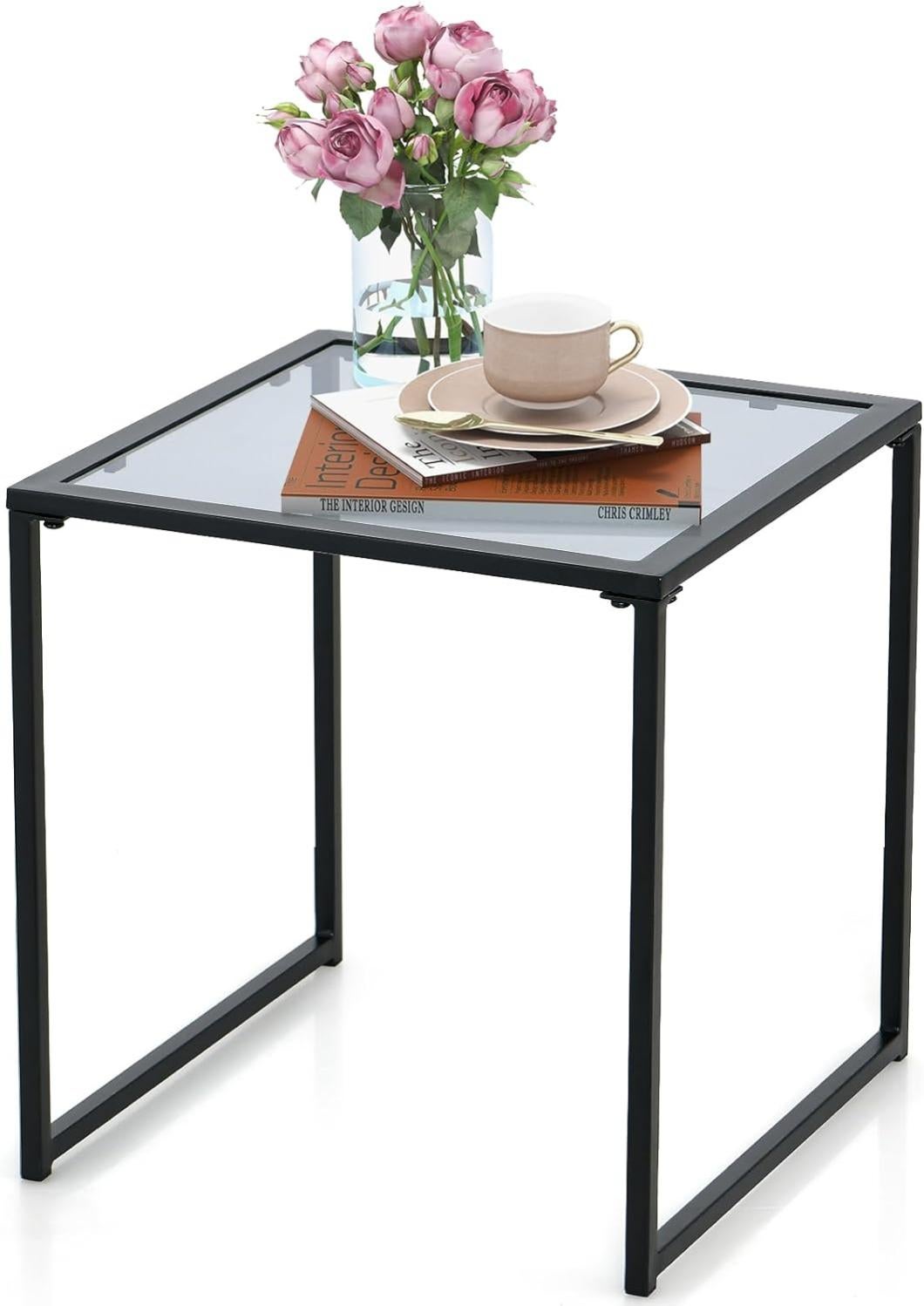 Table D'appoint Carrée – Verre Trempé, Cadre Géométrique, Neuve