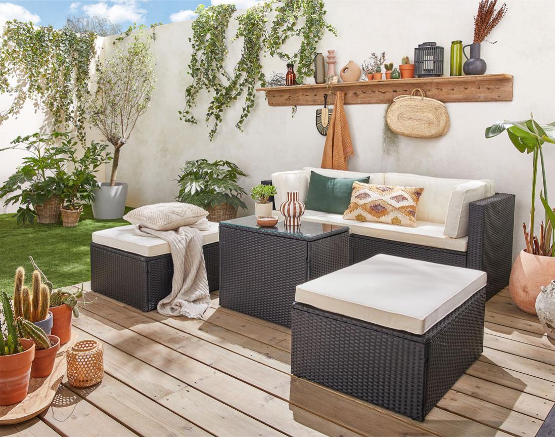 Otaki - salon bas de jardin modulable 5 places - résine tressée noire