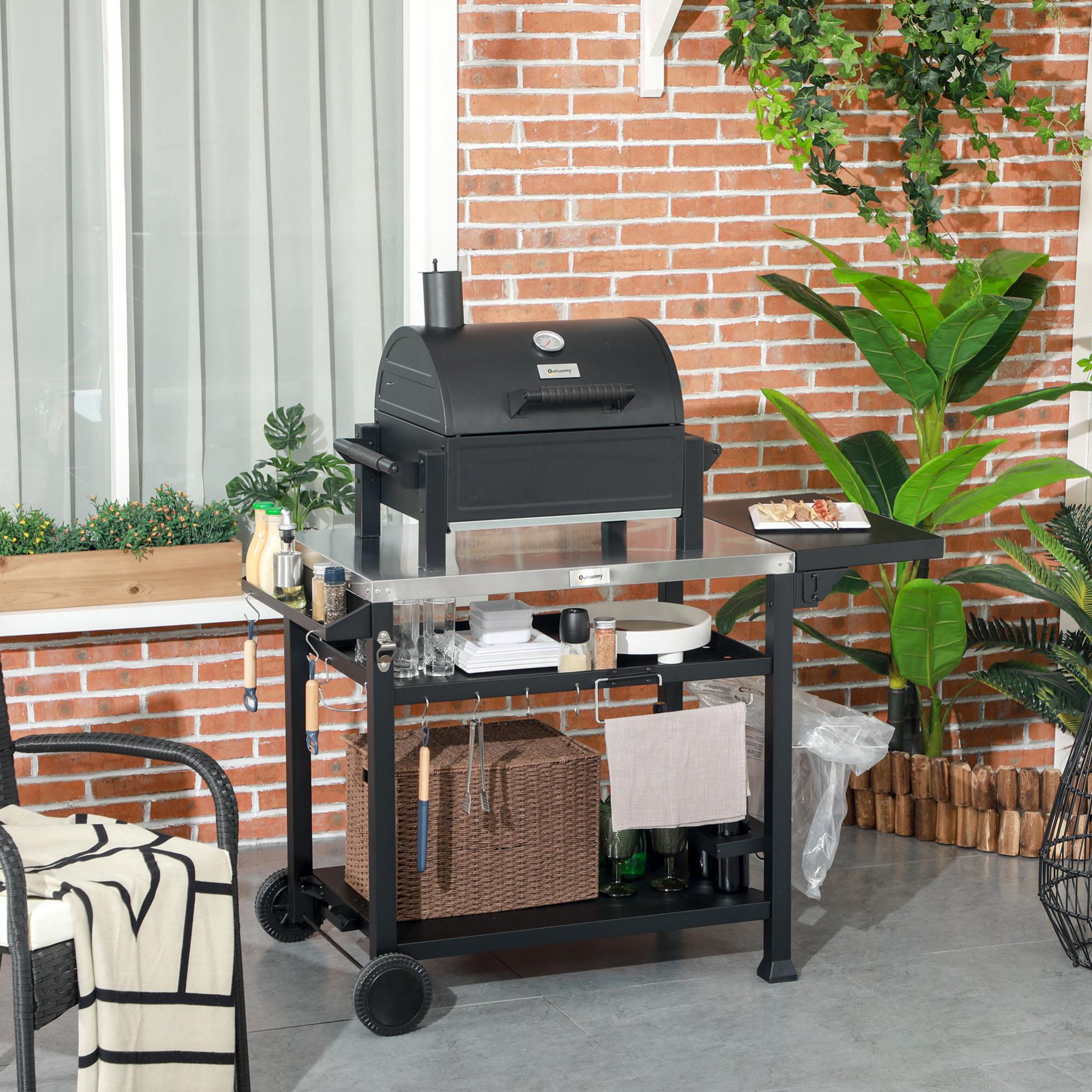 Outsunny Chariot Desserte Barbecue Avec Plateau INOX | 3 Étages, 6 Crochets, Roulettes | Jardin