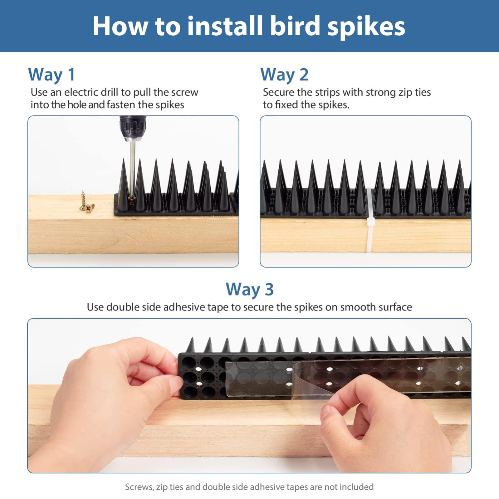 Paquete de 10 picos para pájaros, longitud Total de 500CM, picos disuasorios de plástico para pájaros, para barandillas y techo, color negro - 5