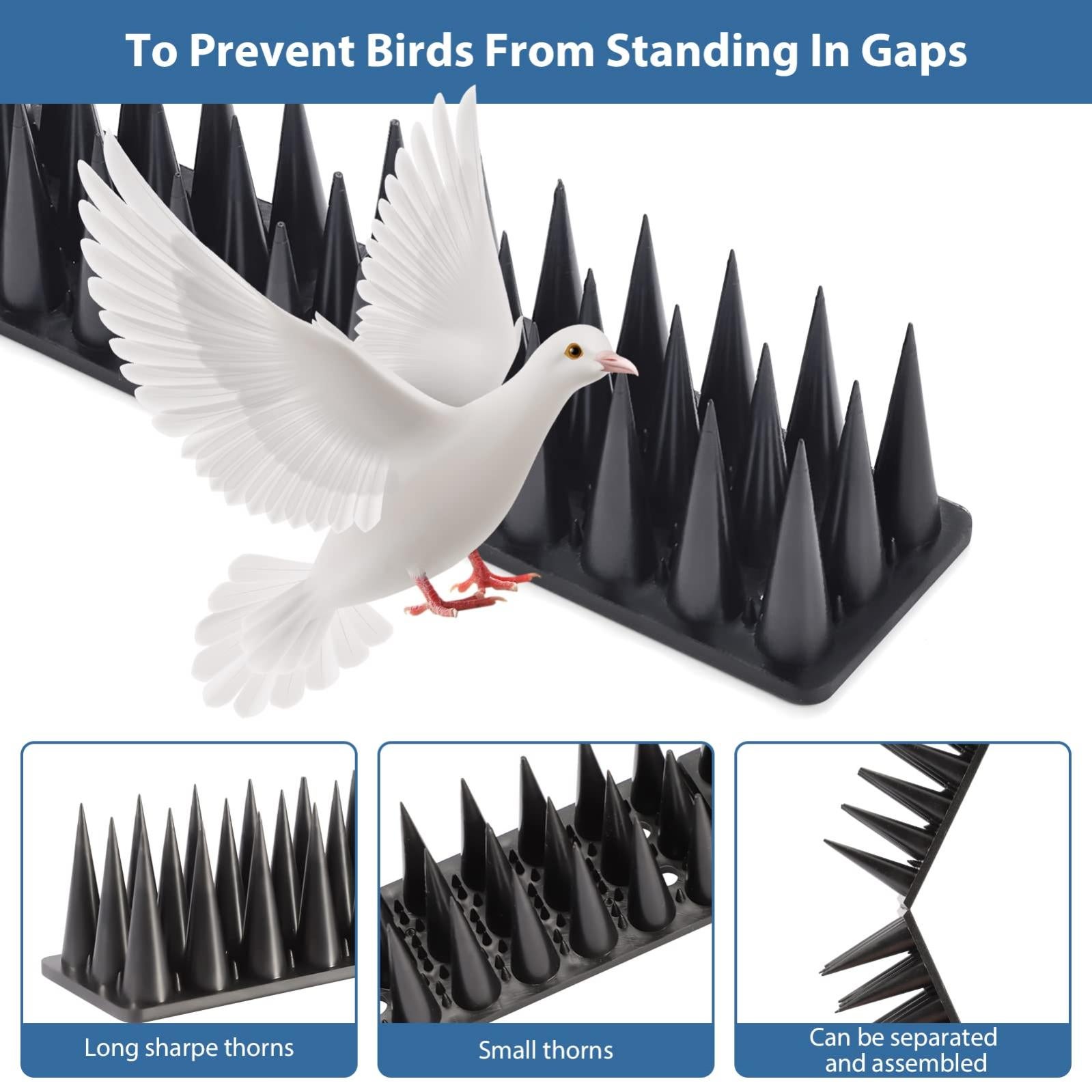 Paquete de 10 picos para pájaros, longitud Total de 500CM, picos disuasorios de plástico para pájaros, para barandillas y techo, color negro - 2