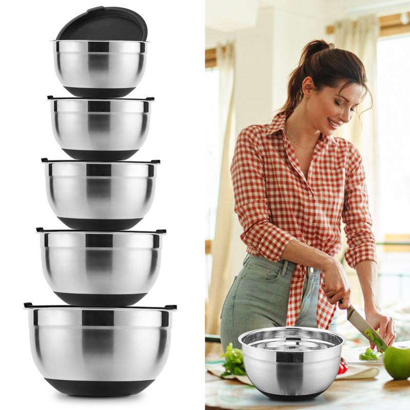 Lot De 3 Bols Mélangeurs En Inox Avec Couvercles Colorés - Tailles Variables, Hermétiques, Pour Cuisine Et Conservation