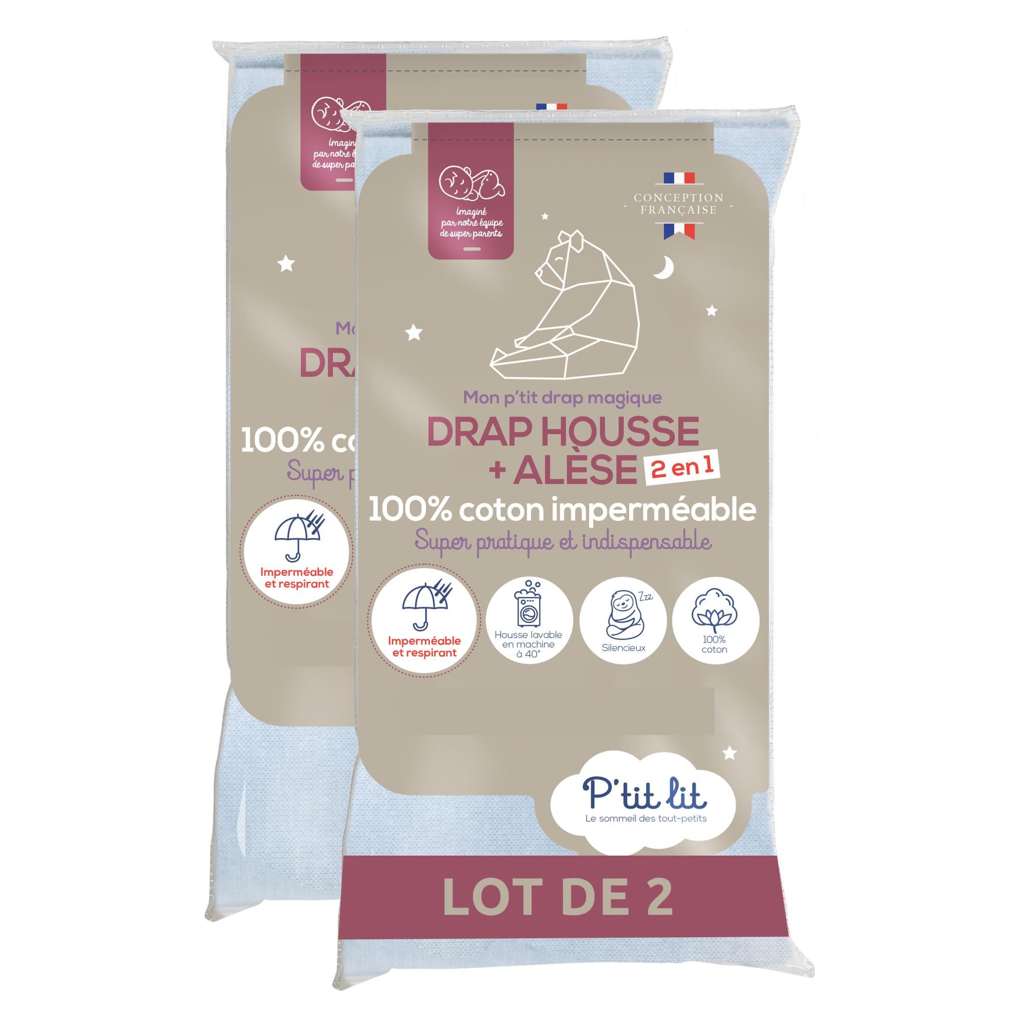PTIT BASILE Lot X2 Draps Housse Jersey Extensible Coton Bio