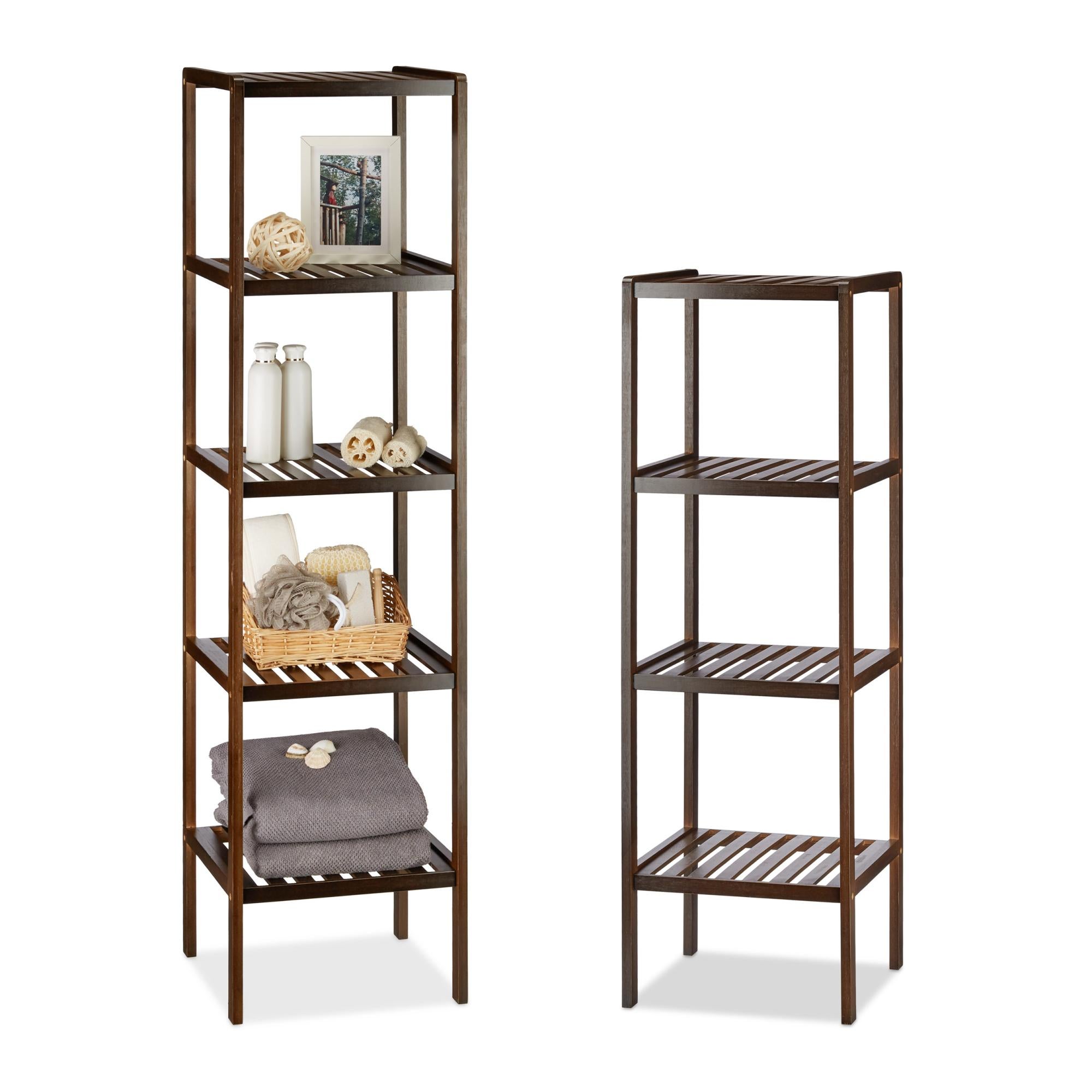 Set Di 2 Scaffali Da Bagno In Bambù, 4 E 5 Ripiani, Mobili Salvaspazio Marrone Scuro