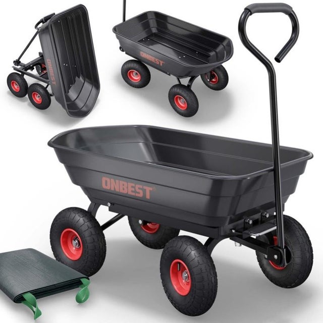 Chariot de transport de jardin avec benne basculante75L charge jusqu’à 300kg INCLUS sac à déchets