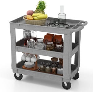 Chariot De Service Roulant 3 Niveaux – 63x28x85 Cm – Avec Porte-bouteilles Et Porte-verres – Marron – MAHANCRIS