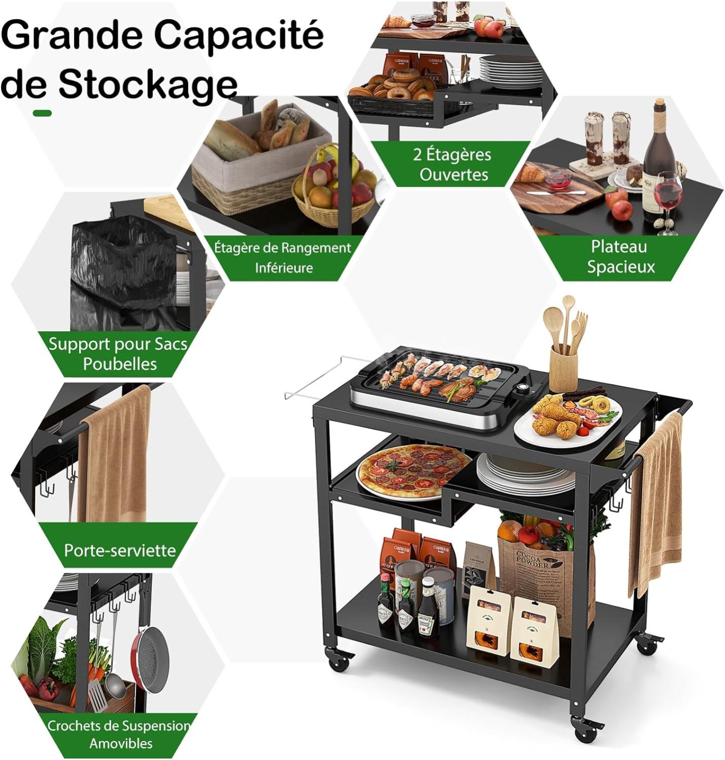 Chariot De Barbecue LUE BONA 2 Niveaux - Desserte Extérieur Avec Roulettes 70x47x86cm - Noir