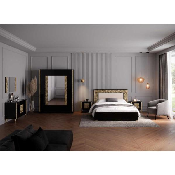 Chambre Complète 160x200 Noir Brillant/Or NAHESA - Lit, Armoire, Commode, Chevet, Miroir - Panneaux Particules 18mm