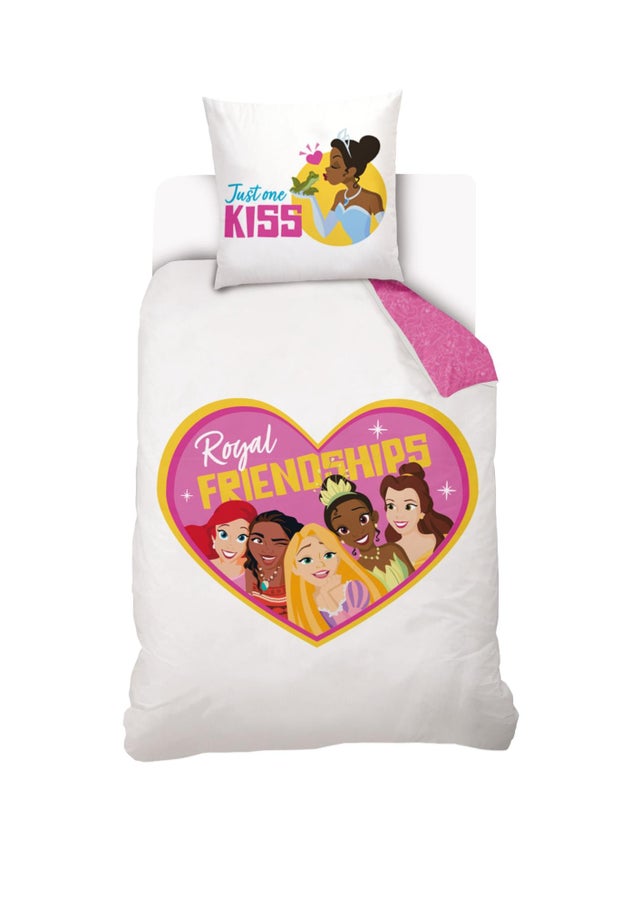 DISNEY - Housse de couette Disney Princesses Cœur 140x200 cm + 1 Taie d'oreiller 63x63 cm - 100% Coton - Blanc
