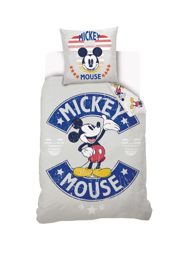 DISNEY - Housse de couette Mickey Mouse Disney 140x200 cm + 1 Taie d'oreiller 63x63 cm - 100% Coton - Gris