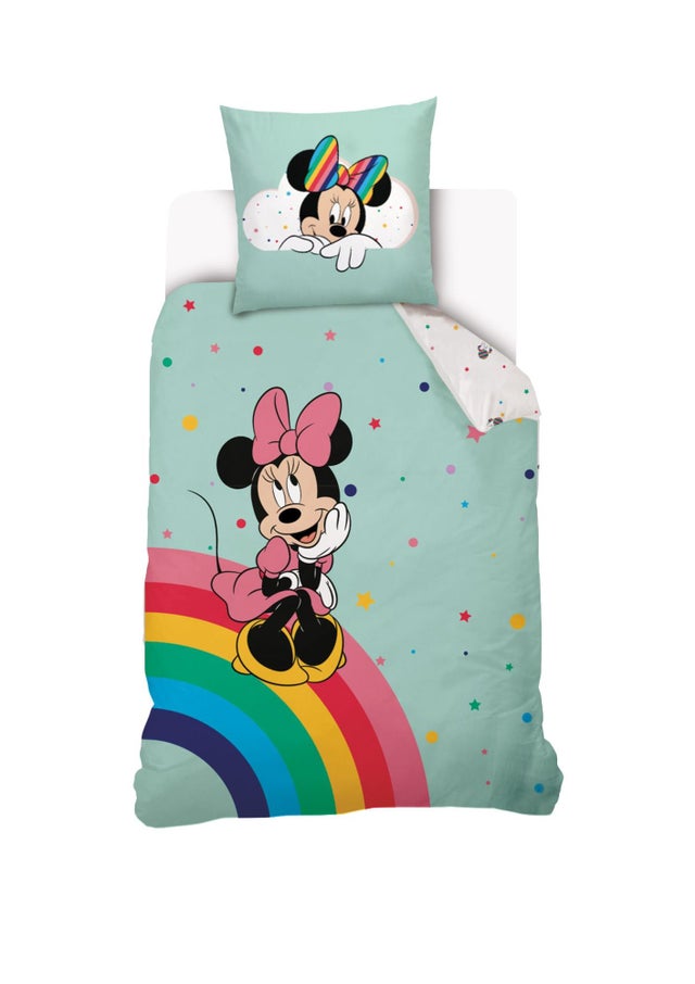 DISNEY - Housse de couette Minnie Disney Arc-en-ciel 140x200 cm + 1 Taie d'oreiller 63x63 cm - 100% Coton - Vert d'eau