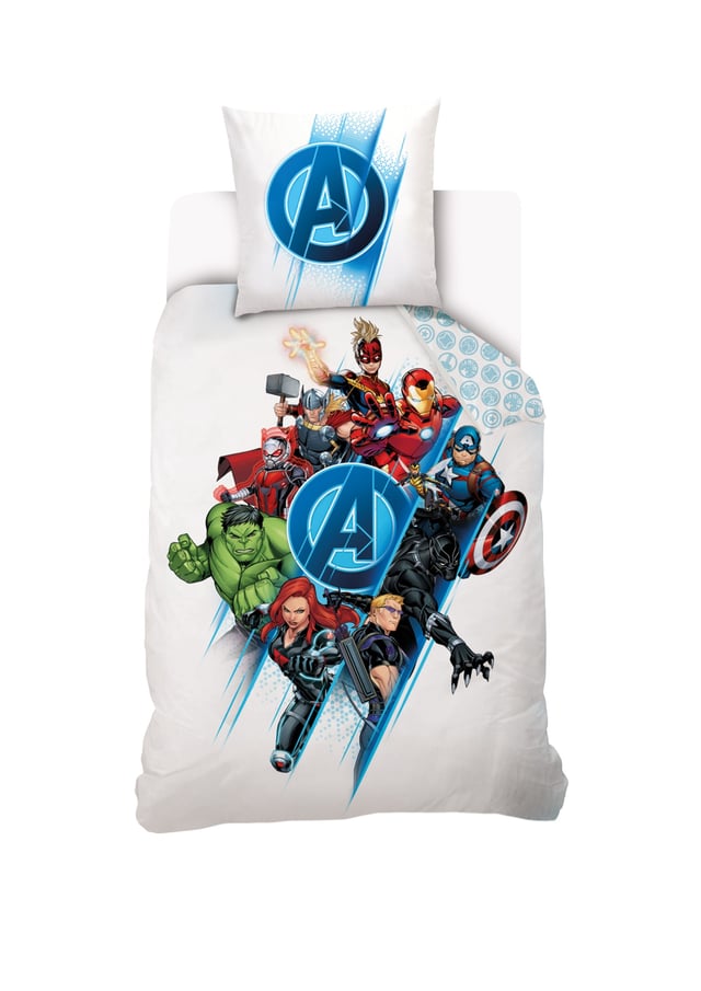 MARVEL - Housse de couette Avengers Team 140x200 cm + 1 Taie d'oreiller 63x63 cm - 100% Coton - Blanc