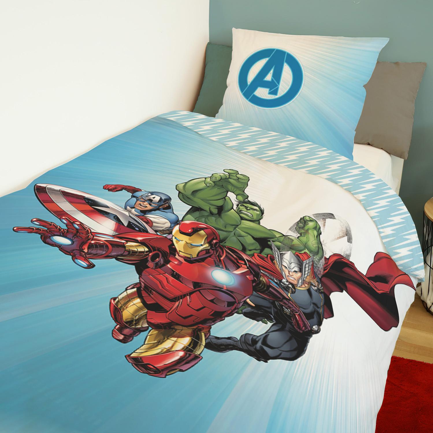 MARVEL - Housse de couette Avengers Originals 140x200 cm + 1 Taie d'oreiller 63x63 cm - 100% Coton - Bleu et blanc - 3