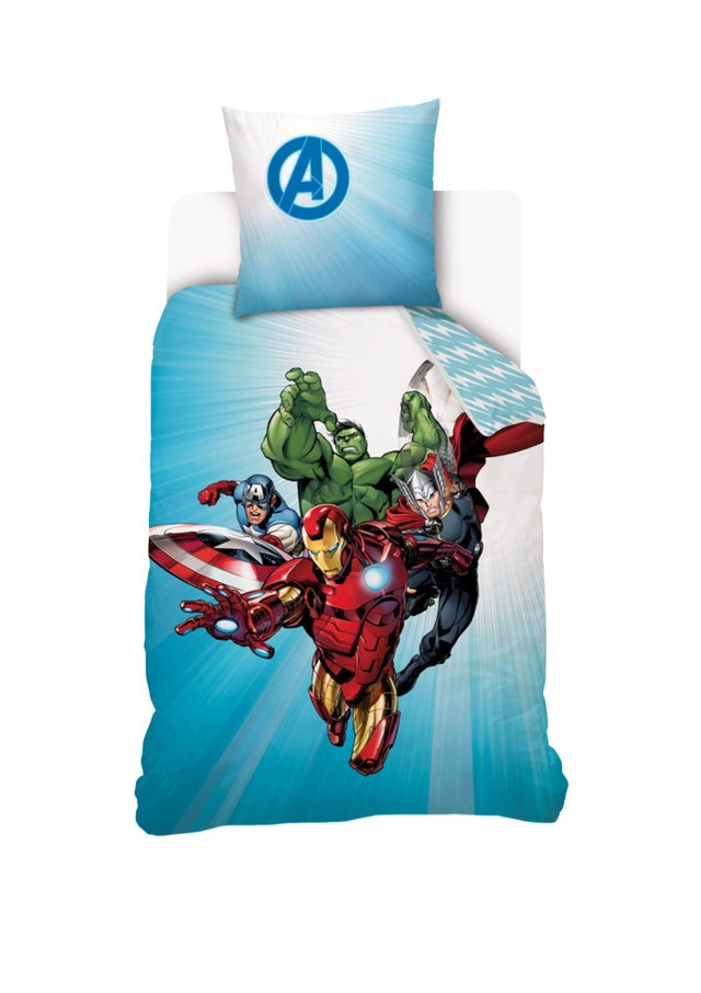 MARVEL - Housse de couette Avengers Originals 140x200 cm + 1 Taie d'oreiller 63x63 cm - 100% Coton - Bleu et blanc