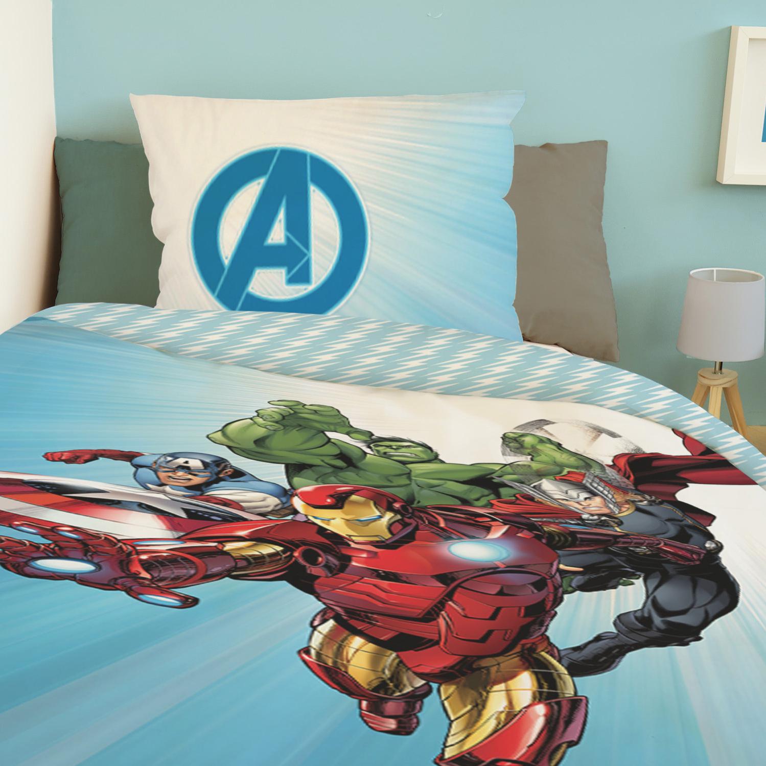MARVEL - Housse de couette Avengers Originals 140x200 cm + 1 Taie d'oreiller 63x63 cm - 100% Coton - Bleu et blanc - 5