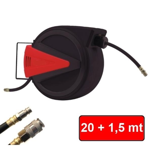 Avvolgitubo Aria Compressa 20m + 2m - Con Riavvolgitore Automatico, Giunto Rapido 1/4" BSP