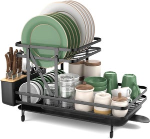 Égouttoir à Vaisselle Cuisine Pliable 2 Niveaux, Porte-Vaisselle Antirouille Bac 56x31x30cm
