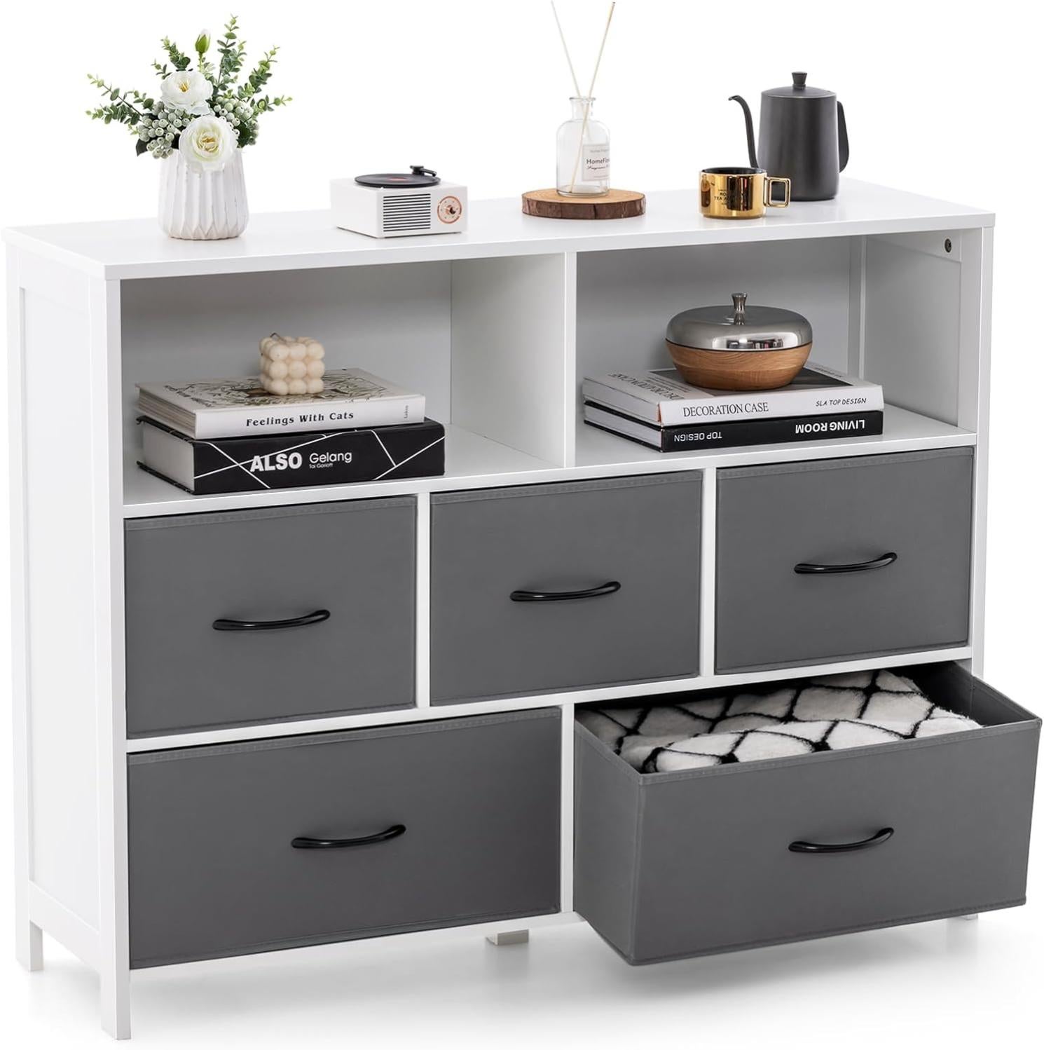 Commode Rangement 5 Tiroirs, Chiffonnier avec 2 Grands Compartiments ...