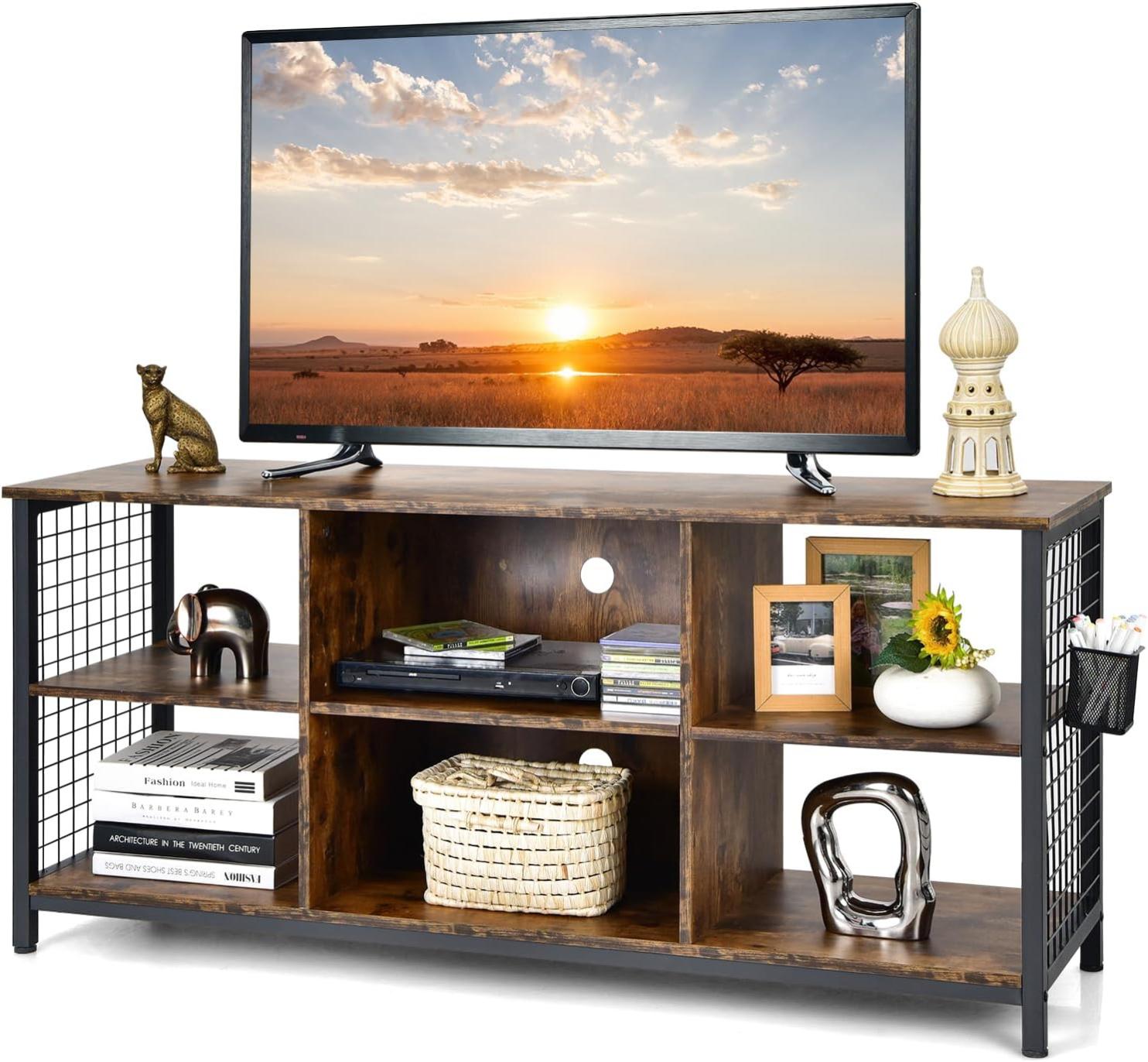 Meuble TV Moderne 3 Étagères Avec Plateau Verre Et Éclairage LED - Support Pour Téléviseur Jusqu'à 178 Cm (70") - 2 Tiroirs, Blanc Et Bois - 4
