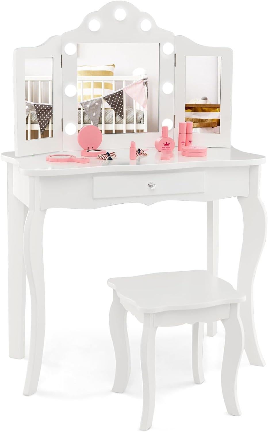 Coiffeuse Enfant Avec Tabouret, Miroir Et Tiroir - Blanc - Bois - Marque Costway - À Monter