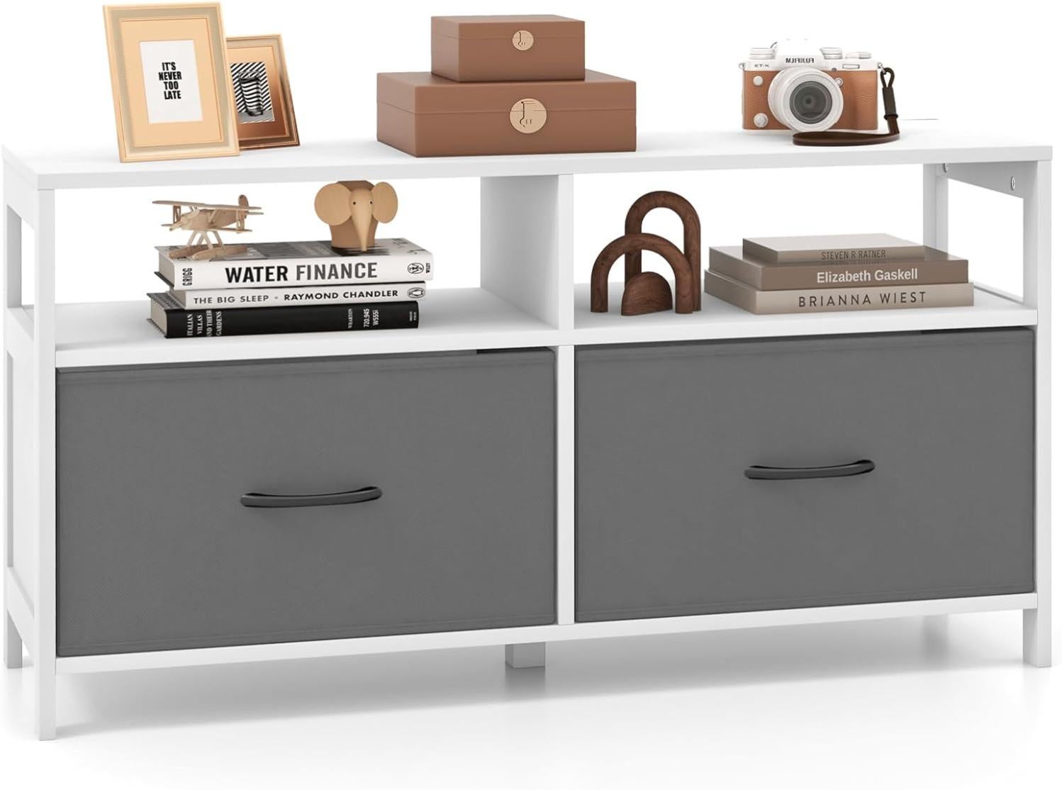 Commode Rangement 2 Tiroirs, Meuble TV avec 2 Grands Compartiments