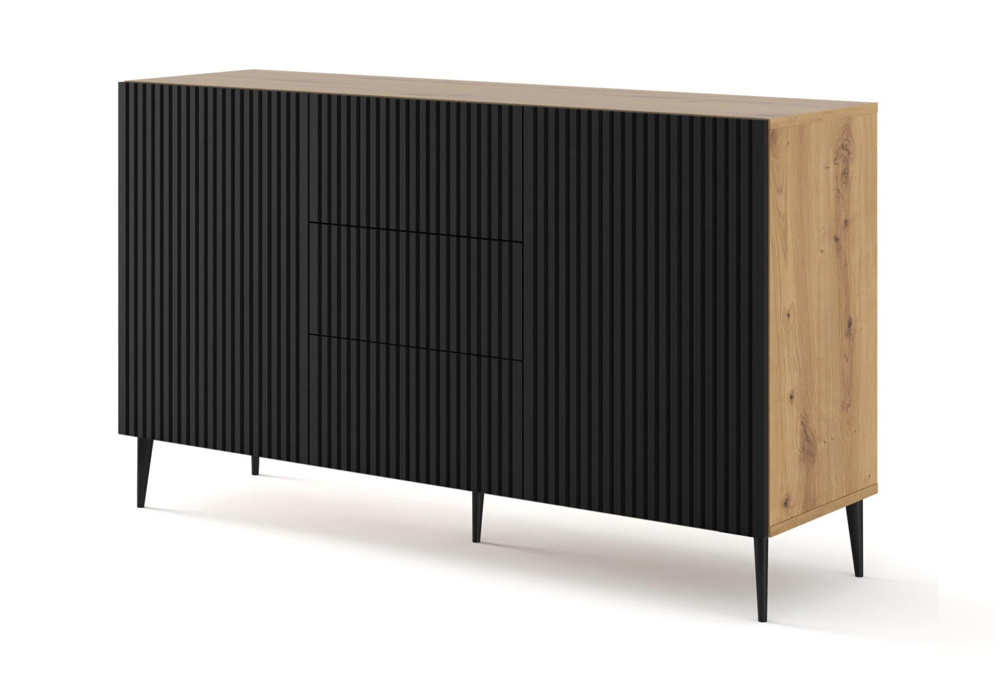 Commode RAVENNA B 150 cm 2D3S fraisé chêne artisanal / noir mat + pieds ...