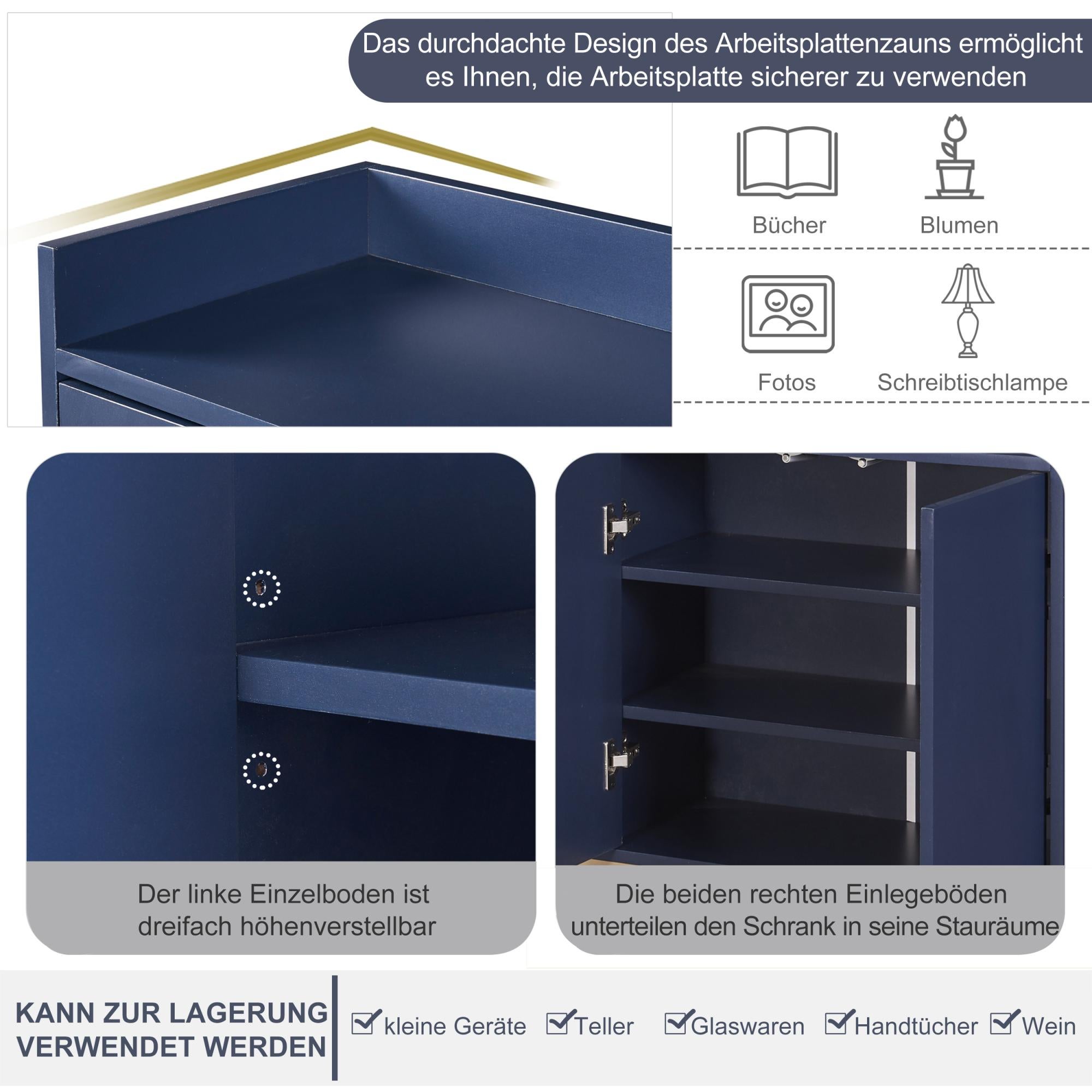 Buffet de Style minimaliste moderne, 4 portes, sans poignée, pour salle à manger, salon, cuisine (bleu marine) - 8