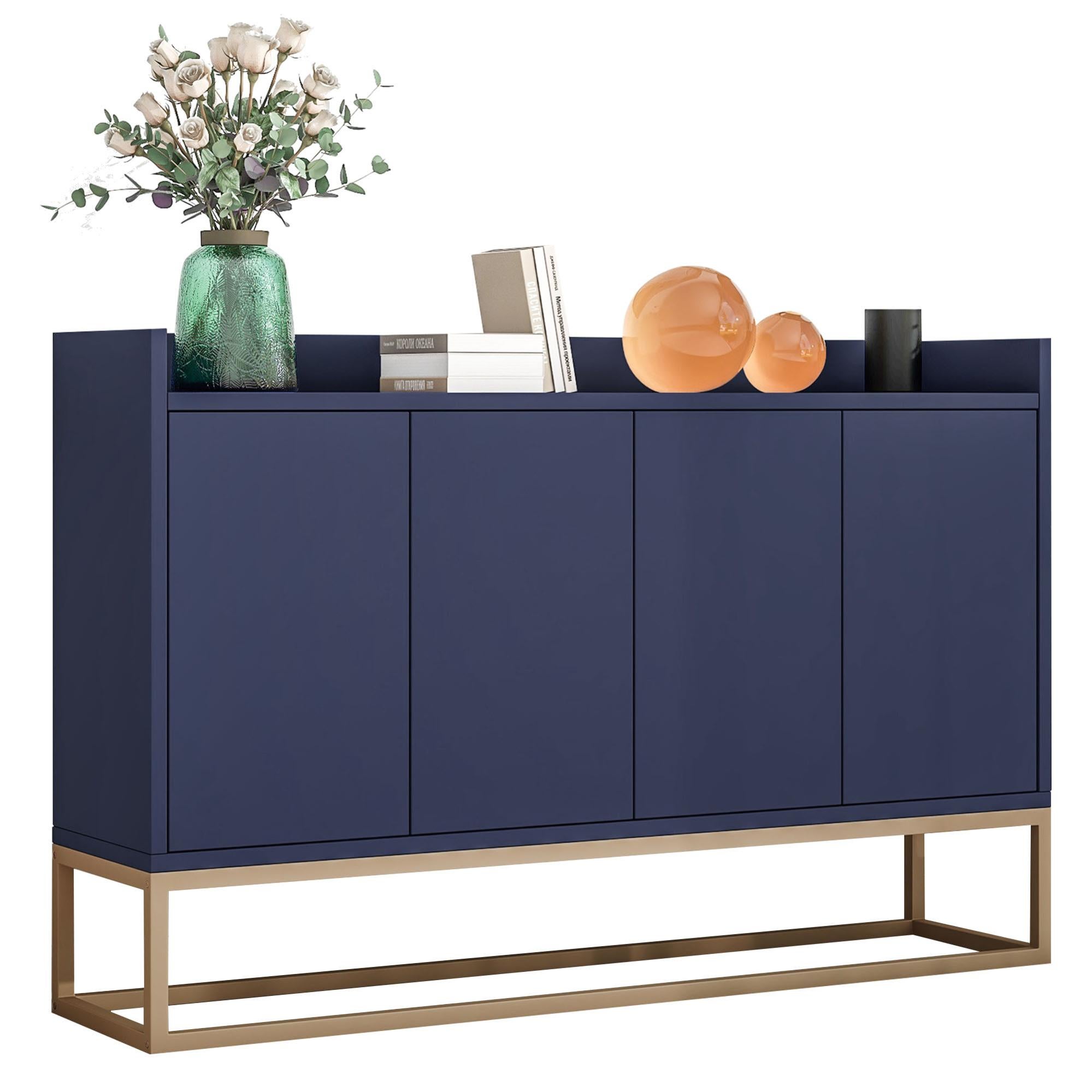 Buffet de Style minimaliste moderne, 4 portes, sans poignée, pour salle à manger, salon, cuisine (bleu marine) - 4