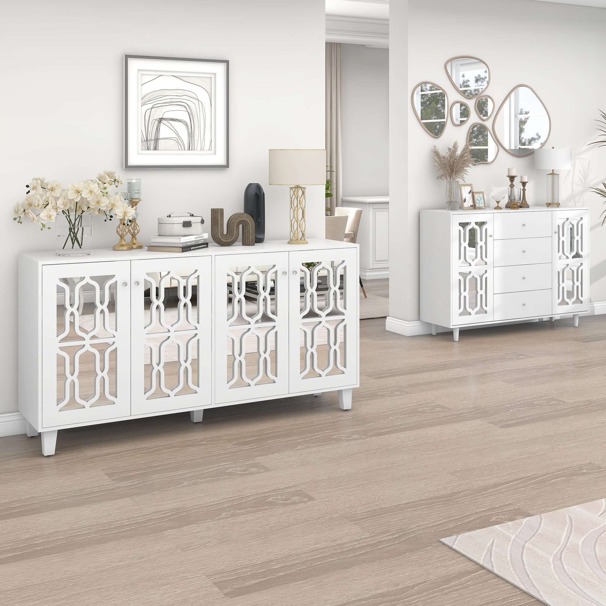 Buffet blanc miroir avec poignées en cristal froid, quatre portes, avec stratifié mobile, pour salon et salle à manger, 160 x 40 x 84 cm - 3