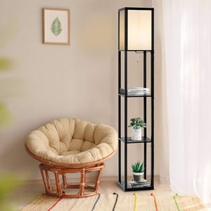 Lampadaire Interieur 1,6M avec Tablettes de Rangement a 3 Niveaux, Lampe sur Pied, Abat-jour en Tissu, Ampoule E27+60W(NON Inclue) (Noir)