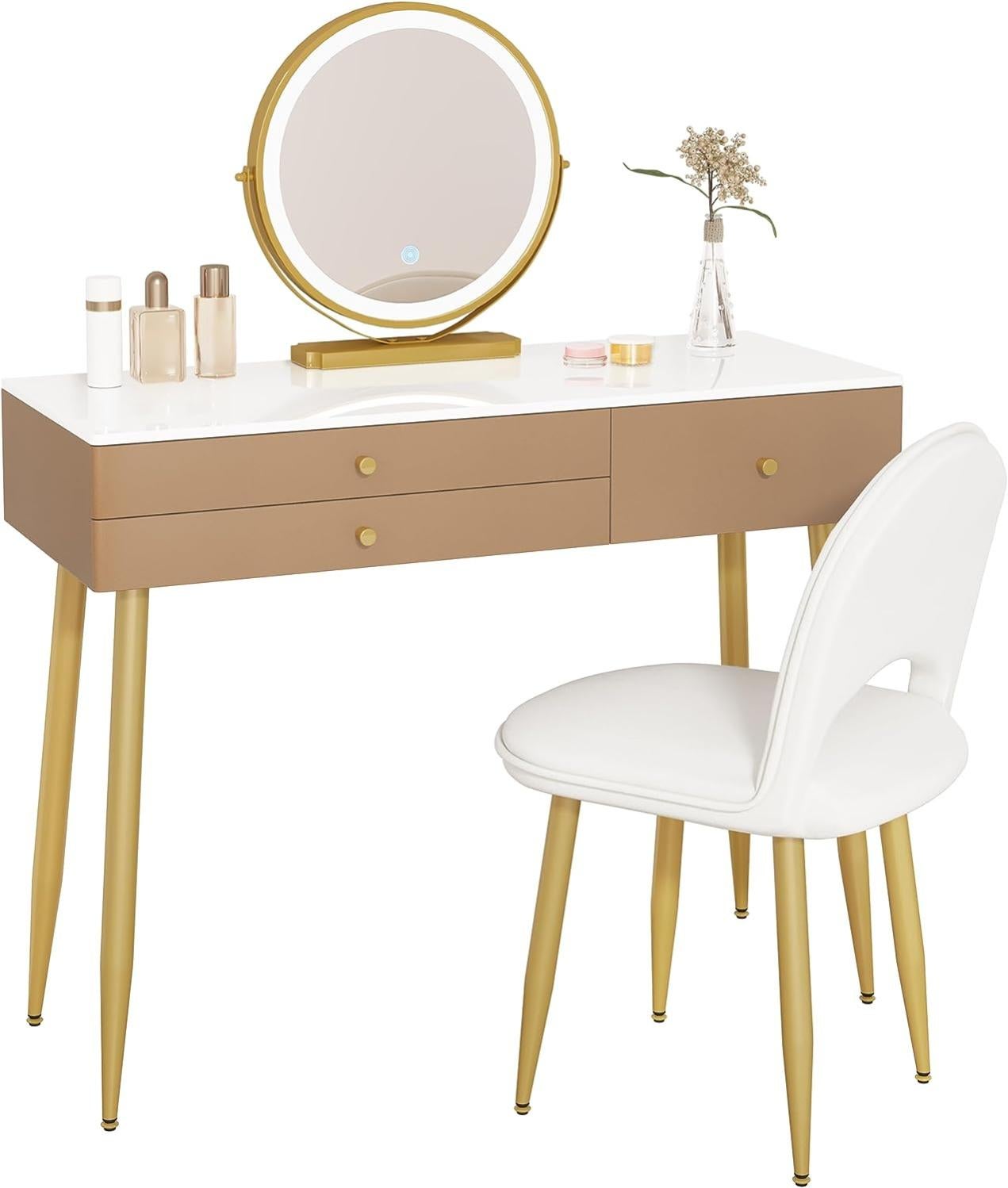 Coiffeuse D'angle Avec Miroir LED - Bureau Maquillage 2 Tiroirs Et Rangement