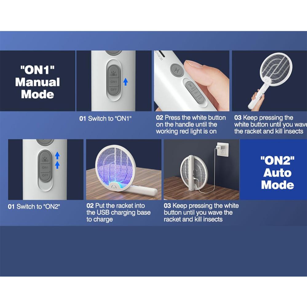 Tapette à mouche électrique 2 en 1, raquette anti-insectes, tueur de mouches, piège à moustiques, lampe Rechargeable, pliable à 180 ° - 3