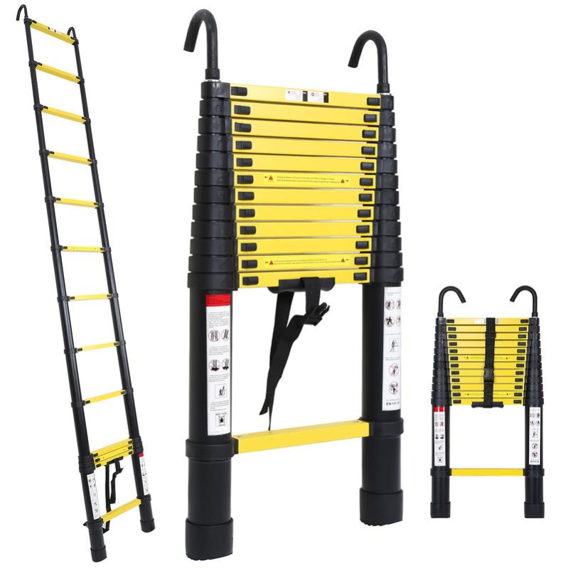 Scala Telescopica In Alluminio, 5 M, Con 2 Ganci, Antiscivolo, Scala Estensibile Multifunzione, Portata 150 Kg, Colore Nero