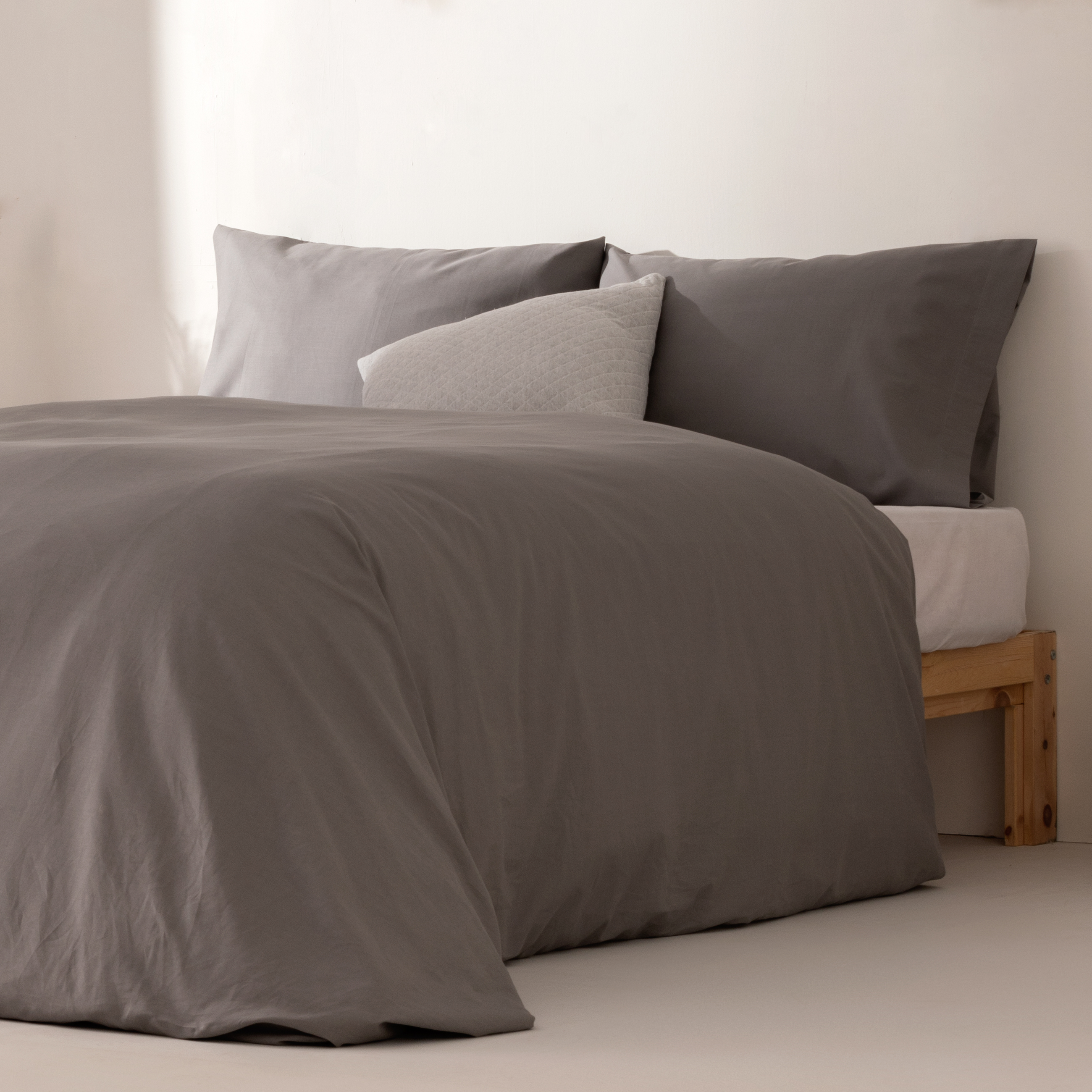 Funda nórdica lisa 100% algodón + funda de almohada 150x220 + 45x110cm color gris