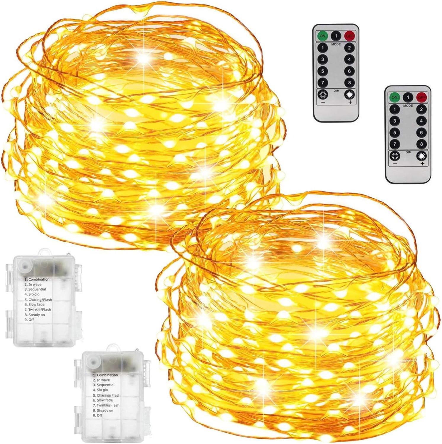Lot De 3 Guirlandes LED 10m à Piles - 100 LED - IP65 étanche - Minuterie - Blanc Chaud 2700K