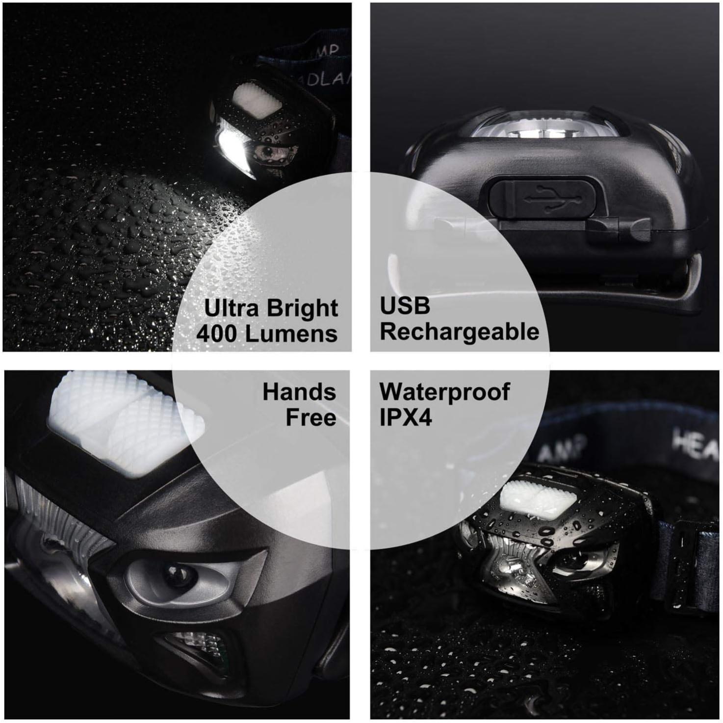 Lampe Frontale Led Rechargeable USB Torche Frontale Puissante avec 400LM, 8 Modes d’Eclairage, IPX4 Étanche, Détecteur de Mouvement - 2