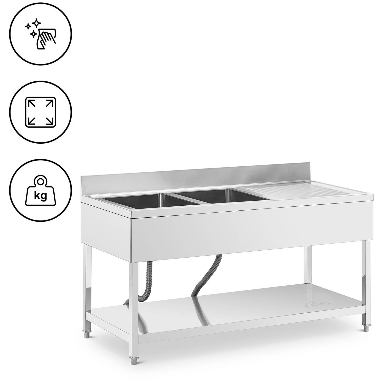 Lavello Per Cucina Professionale - 2 Vasche - Acciaio Inox - 160 X 70 X ...