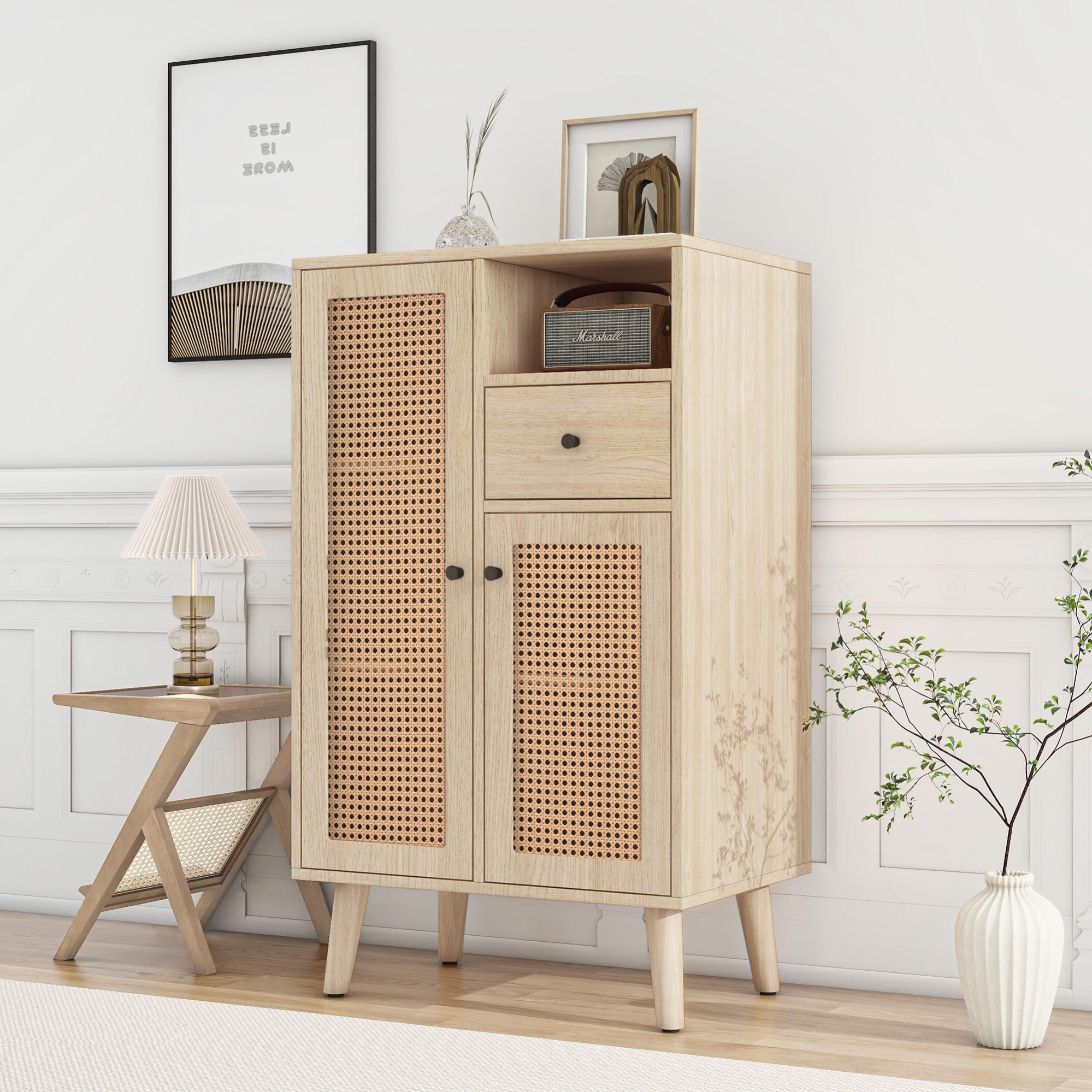 Buffet aspect bois, 2 portes en rotin, 1 tiroir, meuble d'angle,buffet de rangement avec grand espace de rangement, 60*40*101cm - 2