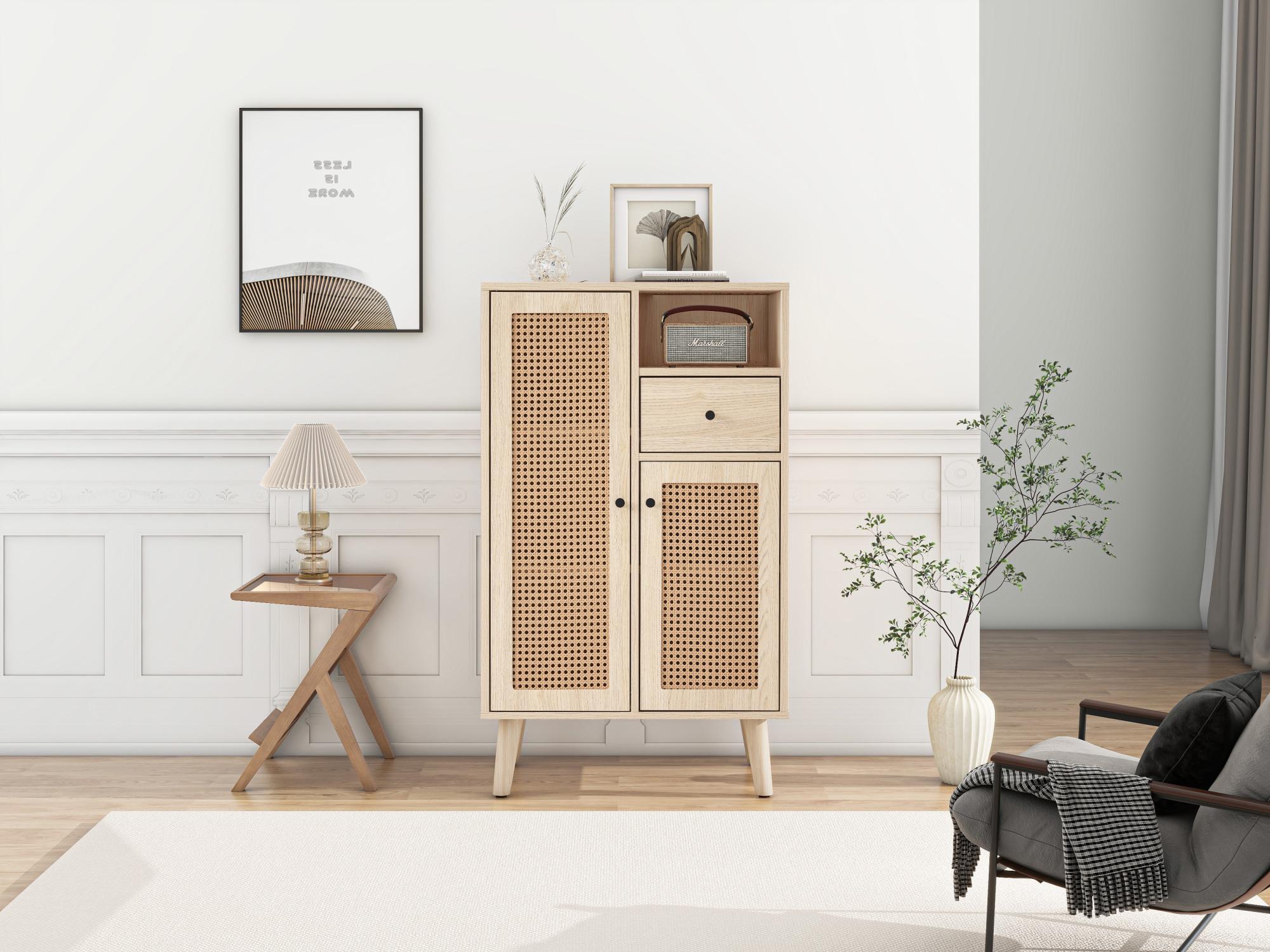 Buffet aspect bois, 2 portes en rotin, 1 tiroir, meuble d'angle,buffet de rangement avec grand espace de rangement, 60*40*101cm - 4