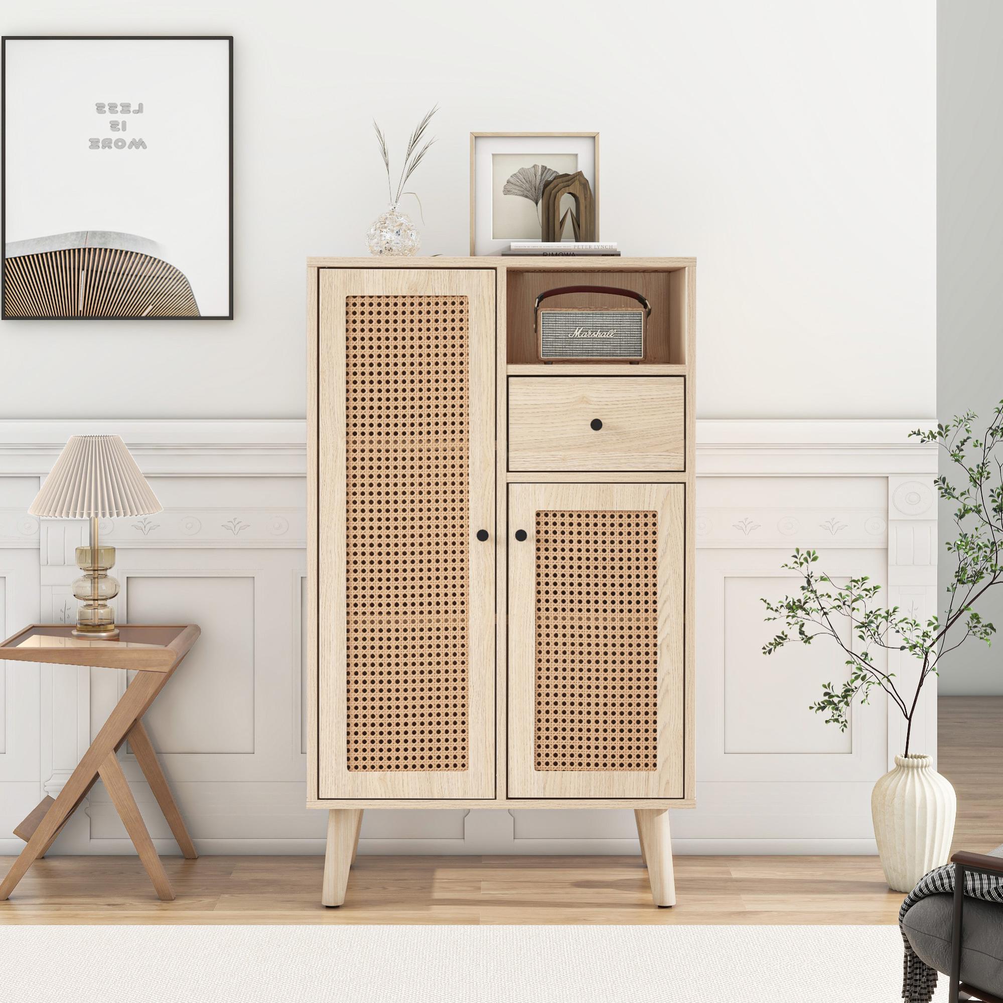Buffet aspect bois, 2 portes en rotin, 1 tiroir, meuble d'angle,buffet de rangement avec grand espace de rangement, 60*40*101cm - 3