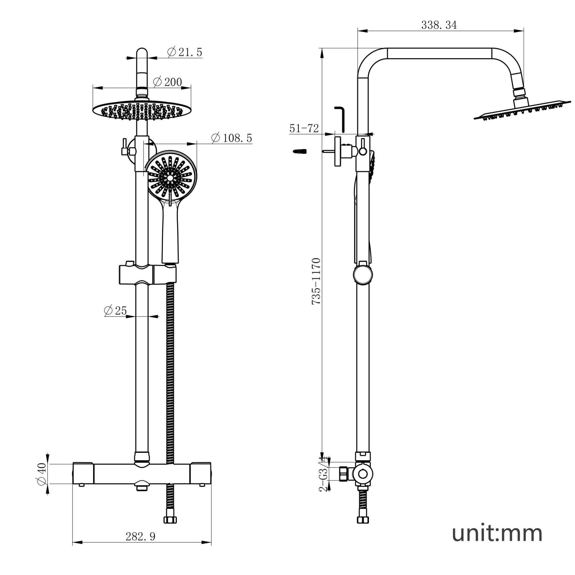OCEAN Colonne de douche thermostatique Système de douche Ensemble de douche avec 3 douchettes Douchette à main Ensemble de douche réglable noir mat - 2