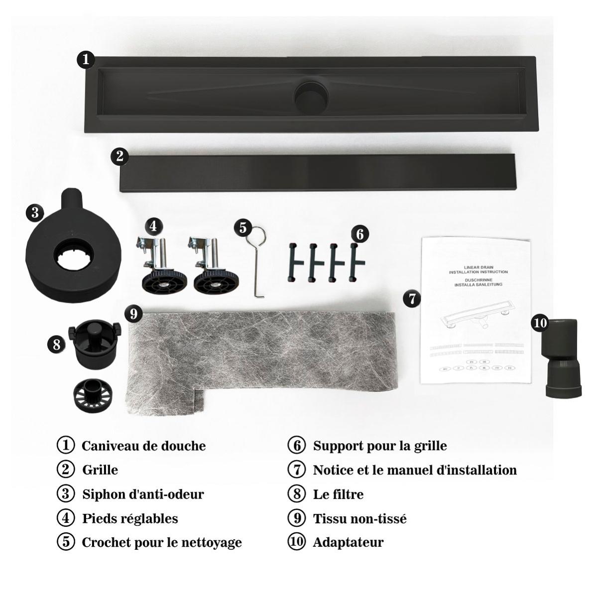 OCEAN caniveau de douche noir mat en acier inoxydable 2 en 1 + siphon 360°, réglable en hauteur, avec désodorisant et avec filtre à cheveux 90 cm - 3