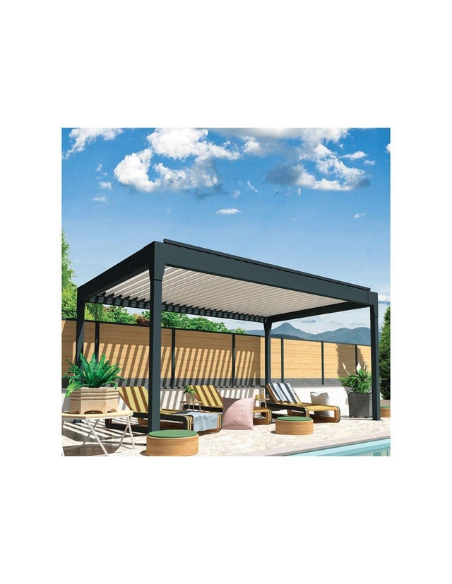 Pergola bioclimatique HELY îlot 4,50x3,930m Vérin à  télécommande (Gris anthracite / Blanc)
