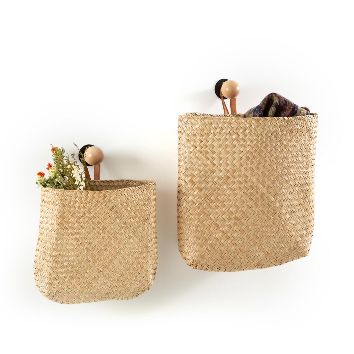 Lot De 7 Paniers Muraux Bohèmes En Paille Tissée - Tailles Et Motifs Variés, Décoration Naturelle