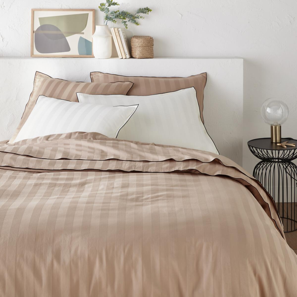 Housse de couette satin de coton lavé, Victor rayé - Galet - 140 x 200