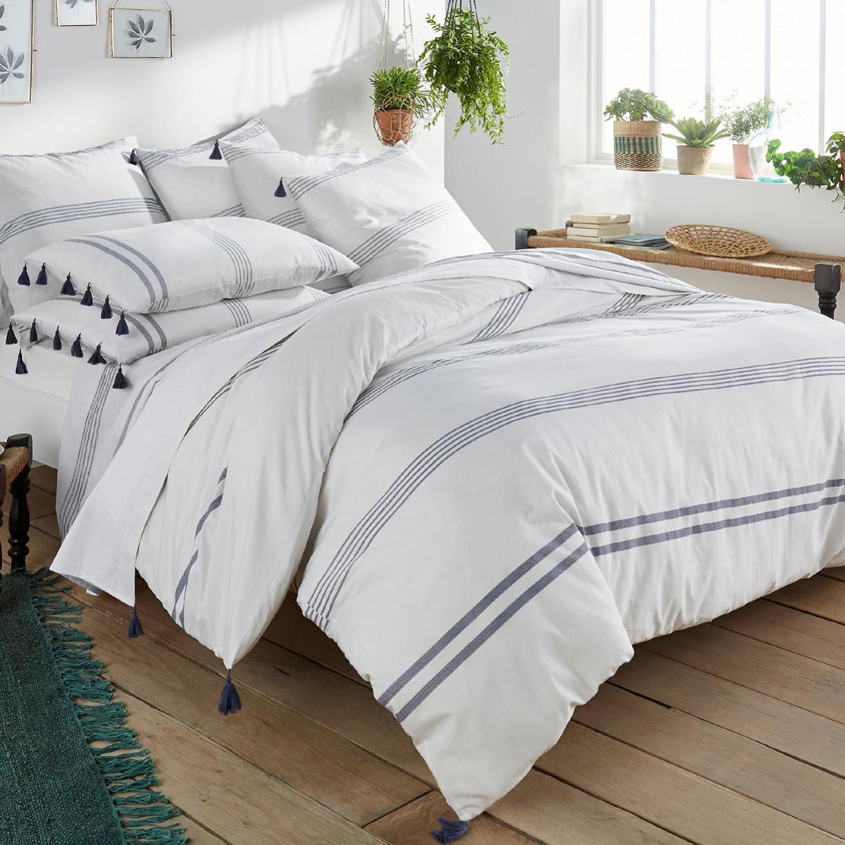 Housse de couette coton, Riad - Blanc rayures bleues - 240 x 220 cm